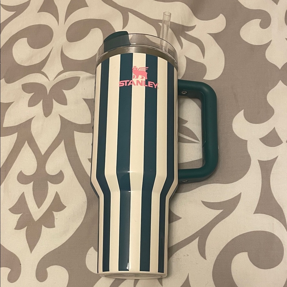 Stanley Green and White Striped Tumbler with Handle